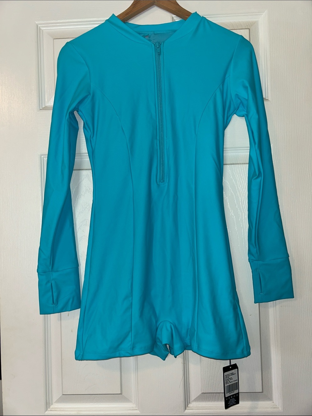 Bright Teal Long-Sleeve One-Piece Swim Romper/Rash Guard  with Front Zip